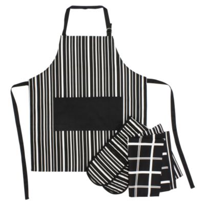 Tu Black and White Striped Apron, Double Oven Glove and Tea Towel Set