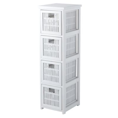4 Drawer Slatted Bamboo Narrow Unit White