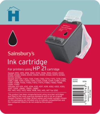 Sainsbury&rsquo;s HP 21 Black Ink Cartridge