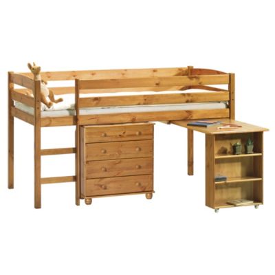 Pine Mid-sleeper Bed Frame with Chest and Pull-out Desk