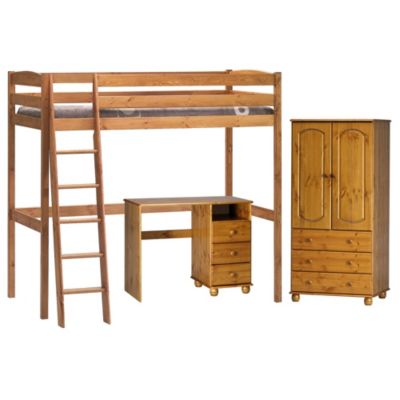 Pine High-sleeper Bed Frame with Desk and Wardrobe