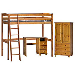 Pine High-sleeper Bed Frame with Desk and Wardrobe