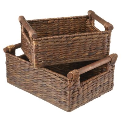 Tu Dark Water Hyacinth Basket & Wooden Handle Set of 2