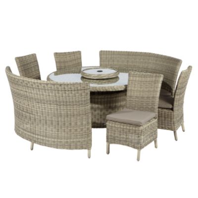 Modena Rattan Round Table Set with 2 Fan Benches and 4 Side Chairs with Cushions