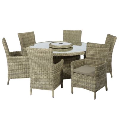Modena Rattan Round Table Set and 4 Side Chairs with Cushions